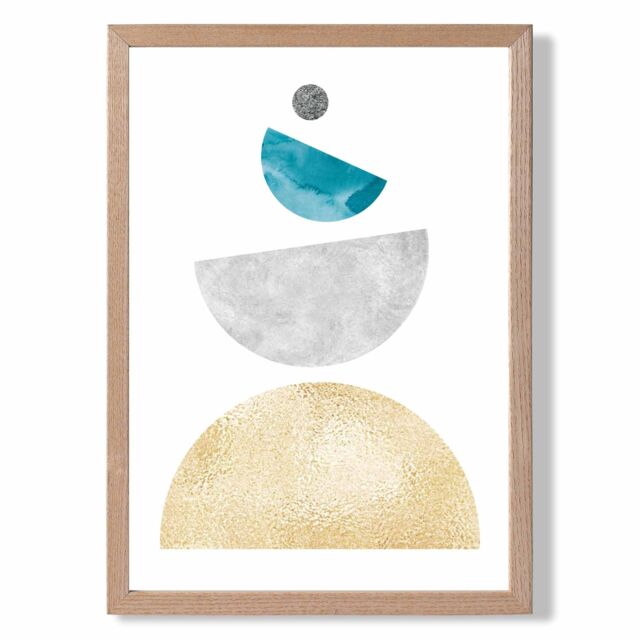 ARTZE Aqua & Yellow Semi Circles Mid Century Geometric Framed Print SIZE: A4 with Oak Frame - image 1