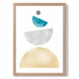 ARTZE Aqua & Yellow Semi Circles Mid Century Geometric Framed Print SIZE: A4 with Oak Frame - thumbnail 1