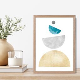 ARTZE Aqua & Yellow Semi Circles Mid Century Geometric Framed Print SIZE: A4 with Oak Frame - thumbnail 2