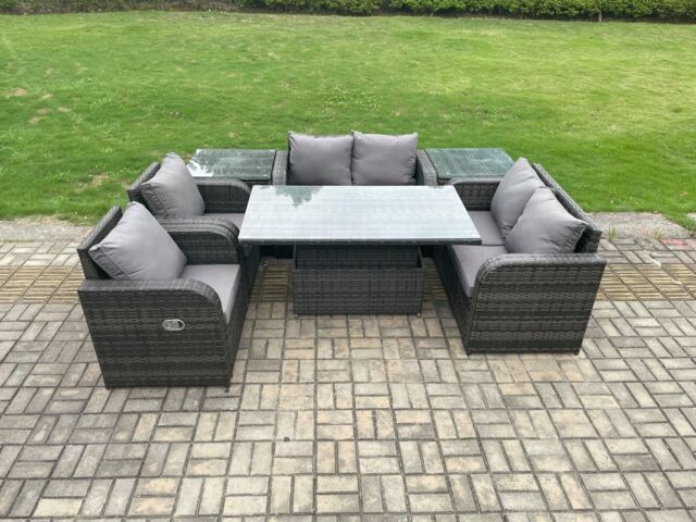 Fimous Outdoor Rattan Garden Furniture Set Patio Height Adjustable Rising lifting Dining Table Love Sofa in Dark Grey - image 1