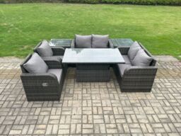 Fimous Outdoor Rattan Garden Furniture Set Patio Height Adjustable Rising lifting Dining Table Love Sofa in Dark Grey - thumbnail 1