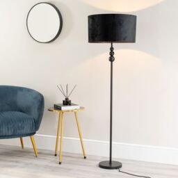 ValueLights Marissa Velvet Drum Shade with Black Stacked Ball Floor Lamp - thumbnail 1