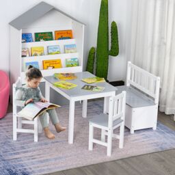 HOMCOM 4-Piece Kids Table & Chair Set with 2 Wooden Chairs, 1 Storage Bench in Grey