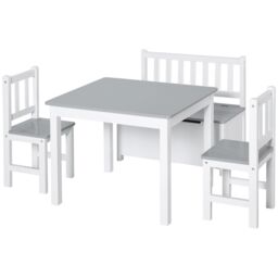 HOMCOM 4-Piece Kids Table & Chair Set with 2 Wooden Chairs, 1 Storage Bench in Grey - thumbnail 2