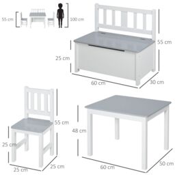 HOMCOM 4-Piece Kids Table & Chair Set with 2 Wooden Chairs, 1 Storage Bench in Grey - thumbnail 3