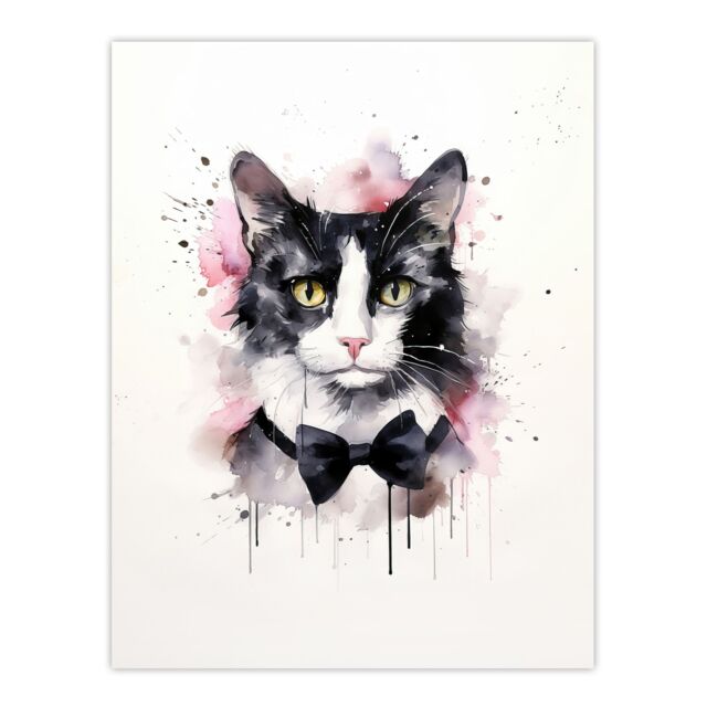 "Artery8 Wall Art Print Tuxedo Cat Lovers Gift Watercolour Pet Portrait Painting Artwork Poster - Size: W24"" x H32""" - image 1