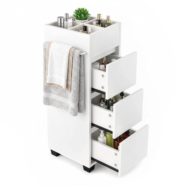 KORVIXA Slim Bathroom Floor Storage Tower Cabinet with 3 Drawers & 4 Shelves in White - Size: W700mm x H750mm - image 1