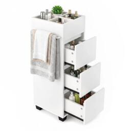 KORVIXA Slim Bathroom Floor Storage Tower Cabinet with 3 Drawers & 4 Shelves in White - Size: W700mm x H750mm - thumbnail 1