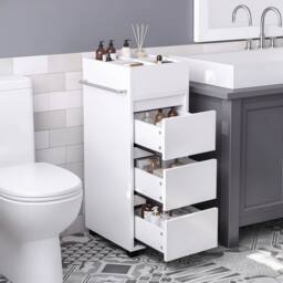 KORVIXA Slim Bathroom Floor Storage Tower Cabinet with 3 Drawers & 4 Shelves in White - Size: W700mm x H750mm - thumbnail 4