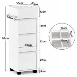 KORVIXA Slim Bathroom Floor Storage Tower Cabinet with 3 Drawers & 4 Shelves in White - Size: W700mm x H750mm - thumbnail 2