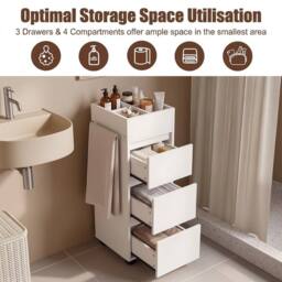 KORVIXA Slim Bathroom Floor Storage Tower Cabinet with 3 Drawers & 4 Shelves in White - Size: W700mm x H750mm - thumbnail 5