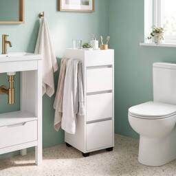 KORVIXA Slim Bathroom Floor Storage Tower Cabinet with 3 Drawers & 4 Shelves in White - Size: W700mm x H750mm - thumbnail 3