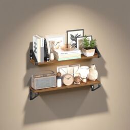 SONGMICS Set of 2 Wall Shelves Floating Shelf 2 Mounting Ways Rack in Brown - thumbnail 1