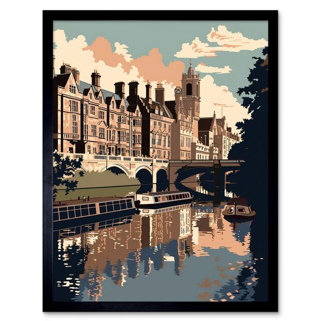 "Artery8 Wall Art Print River Cam & University of Cambridge Buildings Art Framed in Black - Size: W12"" x H16""" - image 1