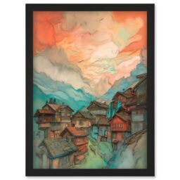 Artery8 Pink Dawn Atmospheric Clouds Over Small Mountain Village in the Alps Modern Watercolour Painting Artwork Framed Wall Art Print A4 in Black - thumbnail 1