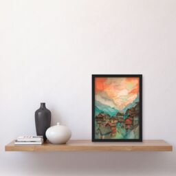 Artery8 Pink Dawn Atmospheric Clouds Over Small Mountain Village in the Alps Modern Watercolour Painting Artwork Framed Wall Art Print A4 in Black - thumbnail 2