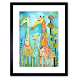 "Artery8 Wall Art Print Folk Art Giraffes Fun Cute Kids Bedroom Painting Artwork Framed 9X7 Inch in Black - Size: W7"" x H9""" - thumbnail 1