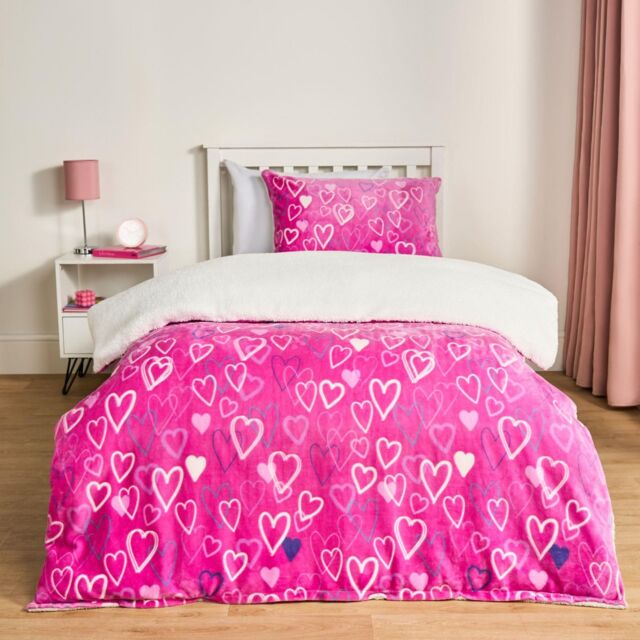 OHS Girl's Glow In The Dark Ultra Soft Heart Print Kids Duvet Cover Set with Pillowcase in Bright Pink - Size: Double - image 1