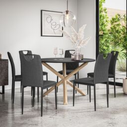 More4Homes Malvern Round Dining Table & Chairs - Black Table Top w Solid Oak Legs + Monza Fabric Dining Chair Set Of 6 in Charcoal