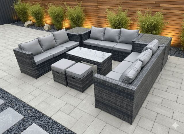 Fimous Outdoor Rattan Garden Furniture Lounge Sofa Set With Oblong Rectagular Coffee Table 2 Stools in Dark Grey - image 1