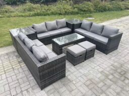 Fimous Outdoor Rattan Garden Furniture Lounge Sofa Set With Oblong Rectagular Coffee Table 2 Stools in Dark Grey - thumbnail 2