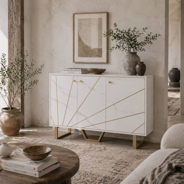 Wyld Haus Vekeba Coso 107cm White Marble Tone Sideboard Gold Legs & 3 Doors - image 1