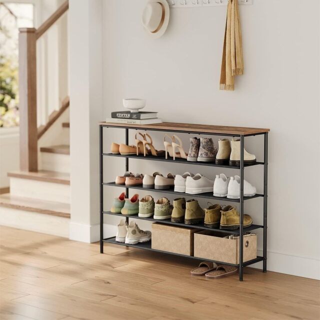 VASAGLE Narrow Shoe Storage with Fabric Shelves Top Steel Frame Design in Brown - image 1