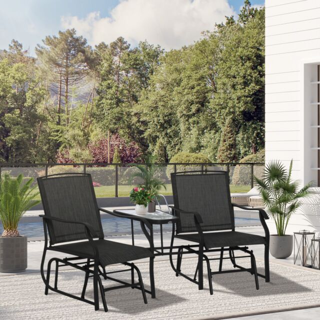 OUTSUNNY Outdoor Double Glider Rocking Chairs w/ Glass Top Middle Table, Metal Gliding Love Seat Conversation Furniture w/ Breathable Mesh Fabric - image 1