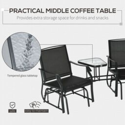 OUTSUNNY Outdoor Double Glider Rocking Chairs w/ Glass Top Middle Table, Metal Gliding Love Seat Conversation Furniture w/ Breathable Mesh Fabric - thumbnail 4