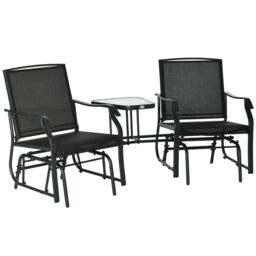 OUTSUNNY Outdoor Double Glider Rocking Chairs w/ Glass Top Middle Table, Metal Gliding Love Seat Conversation Furniture w/ Breathable Mesh Fabric - thumbnail 2