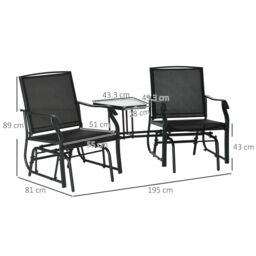 OUTSUNNY Outdoor Double Glider Rocking Chairs w/ Glass Top Middle Table, Metal Gliding Love Seat Conversation Furniture w/ Breathable Mesh Fabric - thumbnail 3