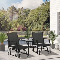 OUTSUNNY Outdoor Double Glider Rocking Chairs w/ Glass Top Middle Table, Metal Gliding Love Seat Conversation Furniture w/ Breathable Mesh Fabric - thumbnail 1