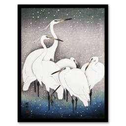 Artery8 Group Of Egrets in Falling Snow Japan Framed Wall Art Print Ohara Koson in Blue - Size: A4 - thumbnail 1