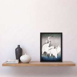 Artery8 Group Of Egrets in Falling Snow Japan Framed Wall Art Print Ohara Koson in Blue - Size: A4 - thumbnail 4