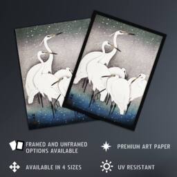Artery8 Group Of Egrets in Falling Snow Japan Framed Wall Art Print Ohara Koson in Blue - Size: A4 - thumbnail 2