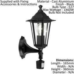 Loops IP44 Outdoor Wall Light & PIR Sensor Black Aluminium Lantern 1x 60W E27 Bulb - thumbnail 2