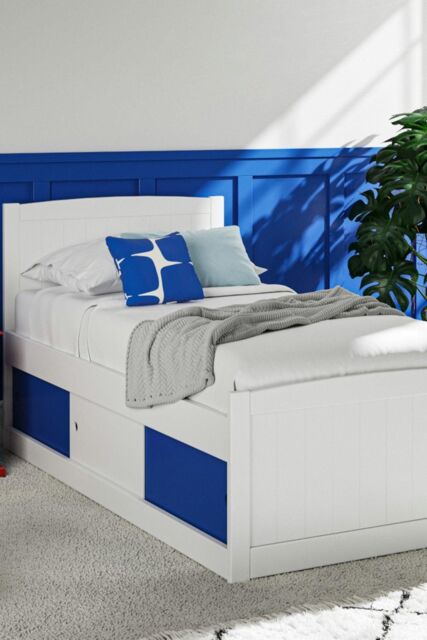 Time4sleep Maxistore 3 Door Blue Wooden Storage Single Bed Frame in White - image 1