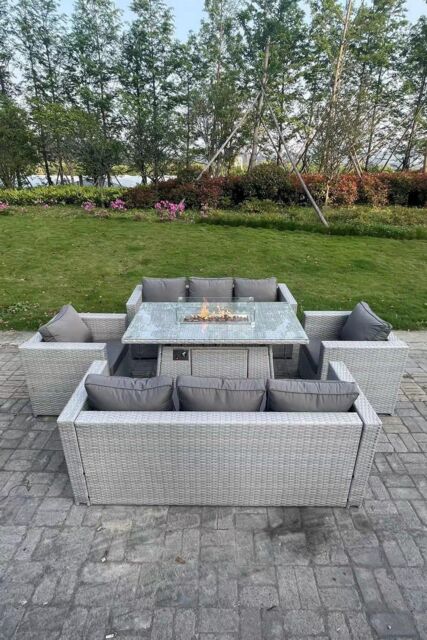 Fimous Rattan Garden Furniture Set Gas Fire Pit Dining Set Heater Burner Lounge Sofa Chairs Outdoor in Light Grey - image 1