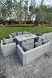 Fimous Rattan Garden Furniture Set Gas Fire Pit Dining Set Heater Burner Lounge Sofa Chairs Outdoor in Light Grey - thumbnail 3