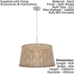 Loops Pendant Ceiling Light Colour Satin Nickel Shade Maple Wood Bulb E27 1x60W in Metallics - thumbnail 2