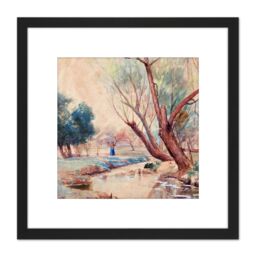 Artery8 Onderdonk Landscape Figure Stream Painting 8X8 Inch Square Wooden Framed Wall Art Print Picture with Mount in Black - thumbnail 1