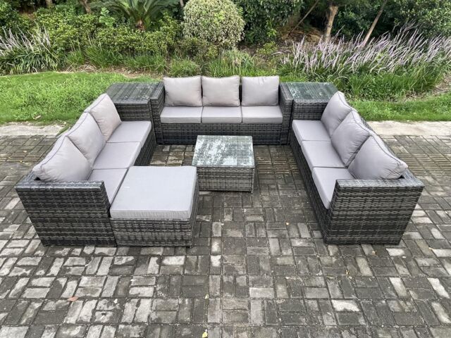 Fimous Outdoor Rattan Garden Furniture Set 10 Seater Patio Lounge Sofa Set with 2 Side Tables Square Coffee Table Big Footstool in Dark Grey - image 1