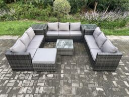 Fimous Outdoor Rattan Garden Furniture Set 10 Seater Patio Lounge Sofa Set with 2 Side Tables Square Coffee Table Big Footstool in Dark Grey - thumbnail 2