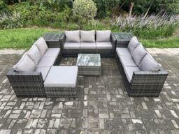 Fimous Outdoor Rattan Garden Furniture Set 10 Seater Patio Lounge Sofa Set with 2 Side Tables Square Coffee Table Big Footstool in Dark Grey - thumbnail 1