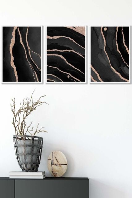 ARTZE Abstract Black Grey Gold Strokes Framed Wall Art - Medium in White - Size: W45 cm x H62 cm x D20mm - image 1