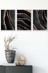 ARTZE Abstract Black Grey Gold Strokes Framed Wall Art - Medium in White - Size: W45 cm x H62 cm x D20mm