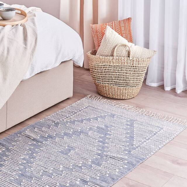 Wyld and Coco Handwoven Wool Cotton Rug Off-White Blue Geometric Pattern - Size: 80 cm x 150 cm - image 1