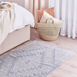 Wyld and Coco Handwoven Wool Cotton Rug Off-White Blue Geometric Pattern - Size: 80 cm x 150 cm