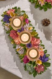 Dibor Traditional Floral Colourful Triple Table Decoration Candle Holder 38cm - Size: Medium - thumbnail 3