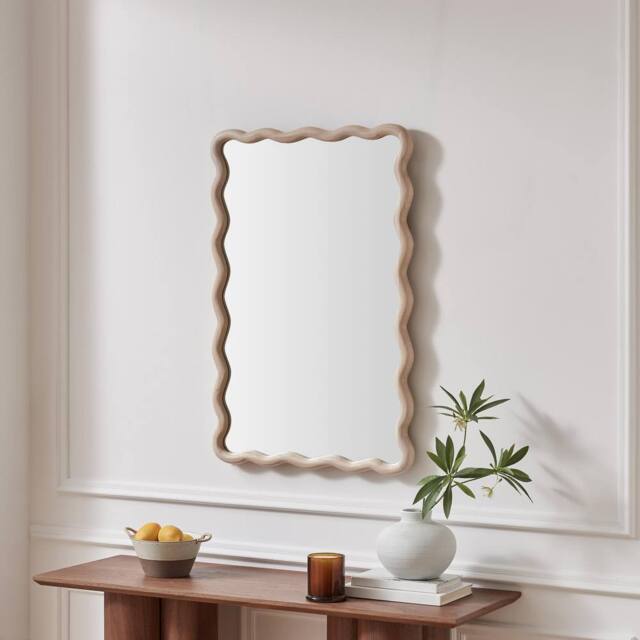 FurnitureboxUK Damaris Wood Medium 90x60cm Wavy Rectangle Wall Mirror in Light Brown - Size: 90x60 cm - image 1